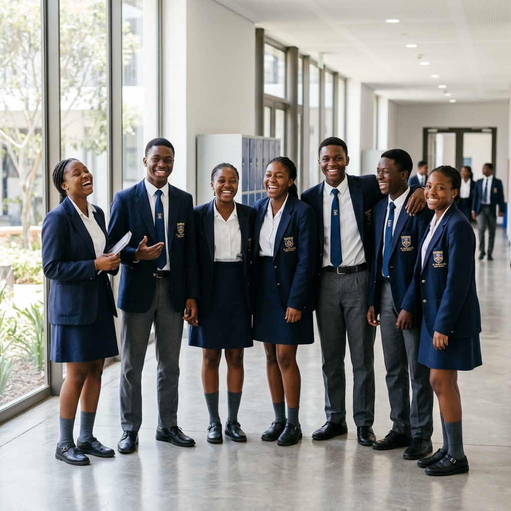 Group of smiling African students in neat uniforms standing together