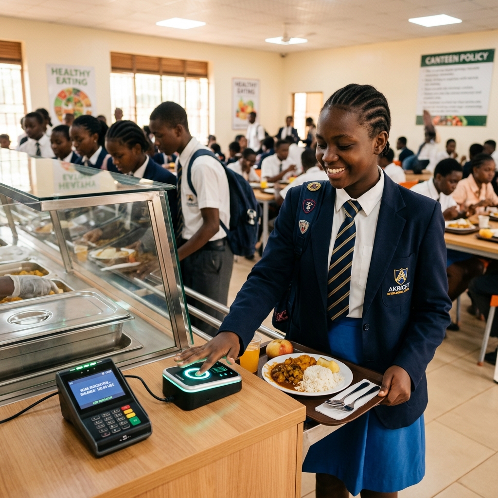 African school student using fingerprint biometric reader at canteen